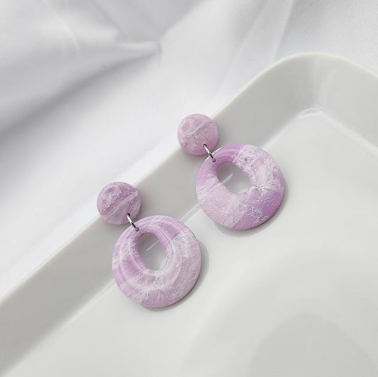 Hoop earrings in retro shape 60s style, purple stone clay