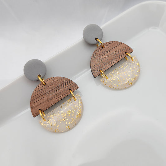 Dangle wood semicircles and transparent with gold shimmer earrings