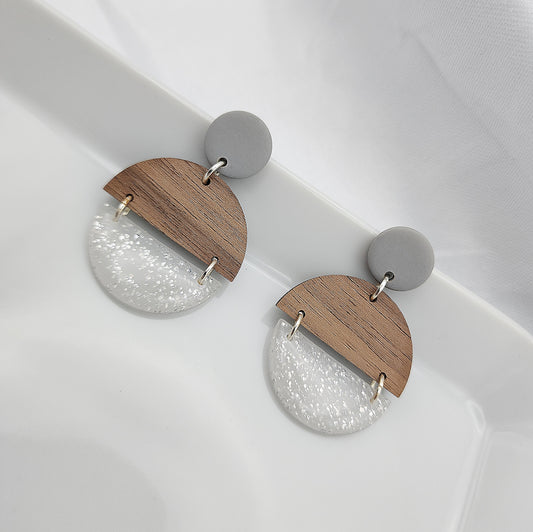 Dangle wood semicircles and transparent with silver shimmer earrings