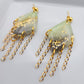 Long green drop chandelier earrings with gold fringes