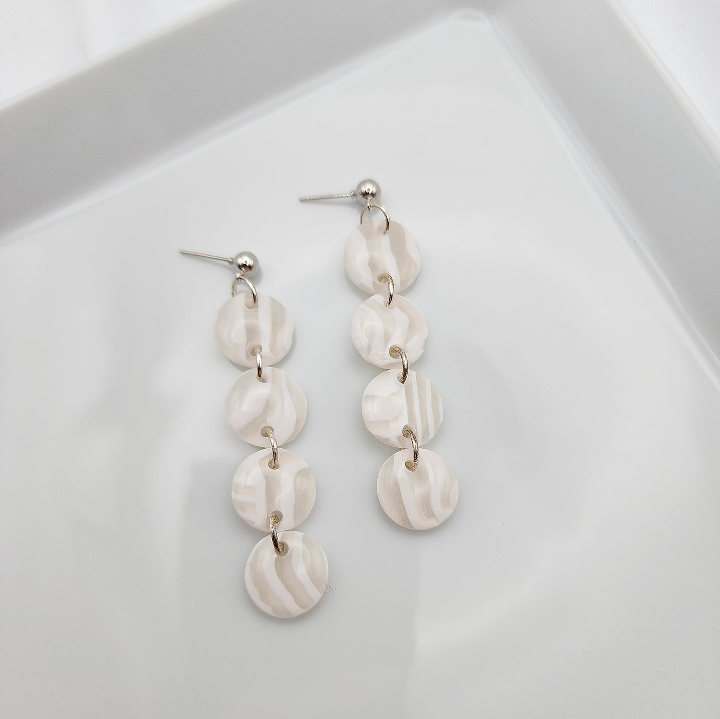 Long white drop dangles geometric polymer clay statement earrings