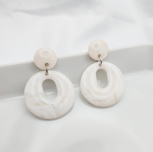 Hoop earrings in retro shape 60s style, white stone clay