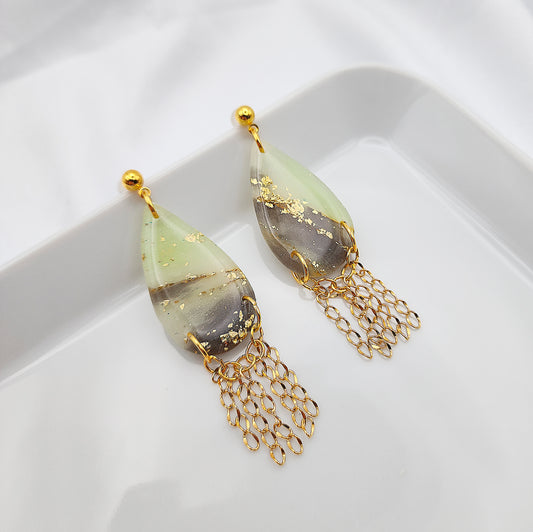 Long green drop chandelier earrings with gold fringes