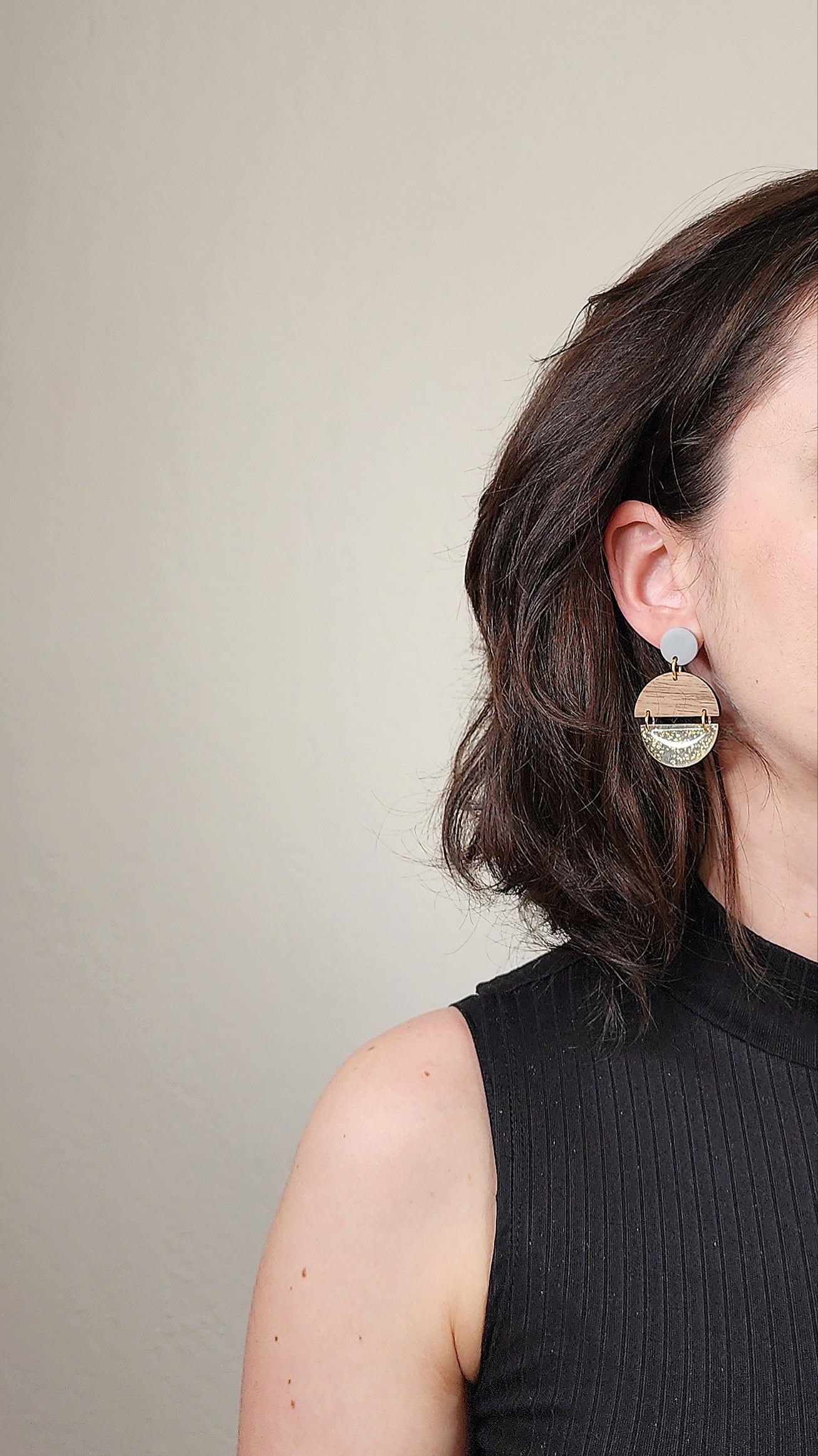 Dangle wood semicircles and transparent with gold shimmer earrings