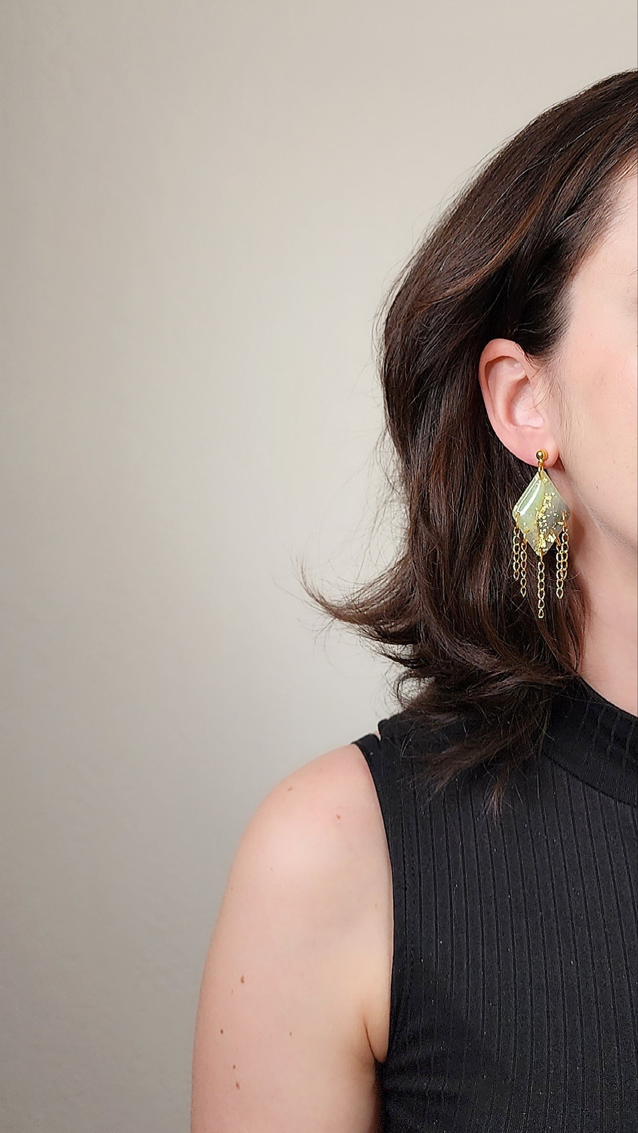 Long green drop chandelier earrings with gold fringes